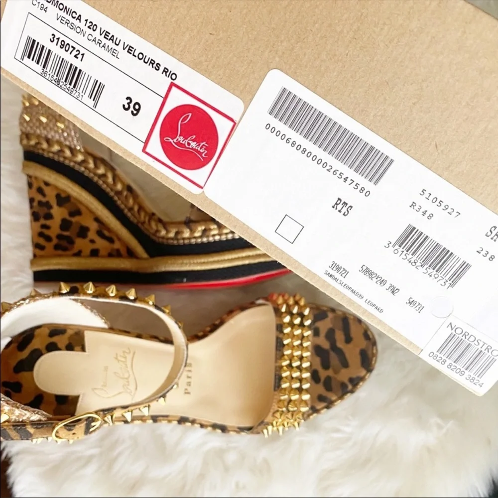 Christian Louboutin Leopard Print Studded Wedge Sandals in Tan and Gold